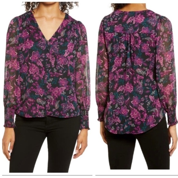 NEW 1 State Nordstrom Romantic Blouse With Smocked Trim Floral Long Sleeves - Picture 1 of 12